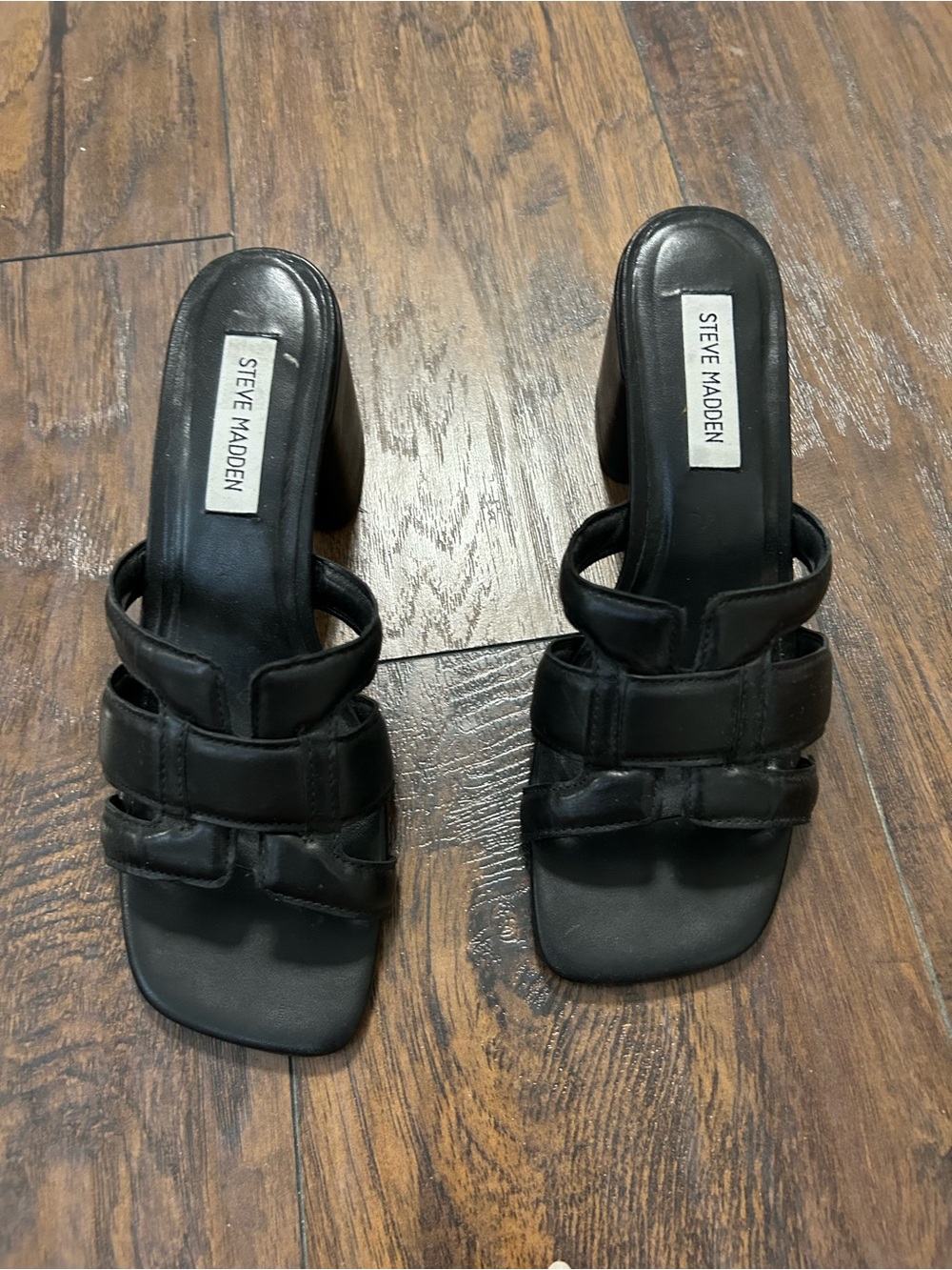 Steve Madden Black Leather Strappy Block Heel Slides